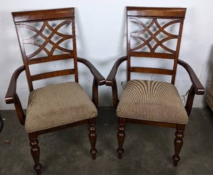 lot 28 image: Pair of Cherry-Colored High Back Wooden Dining Chairs with ArmrestsUpholstered Seats