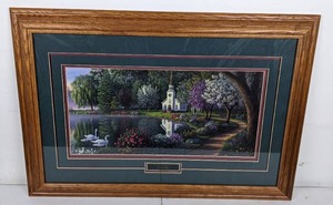 lot 26 image: FramedMatted Wall Art Sanctuary by Kim Norlien, Church by Lake with Swans