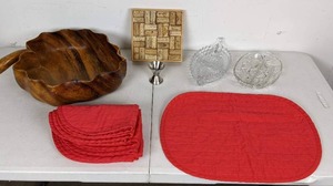 lot 55 image: Mixed 11 Piece Lot  Vintage Wooden Leaf Bowl, Cork Trivet, 2 Small Glass Crystal Dishes, Bar Jigger, 6 Red Placemats