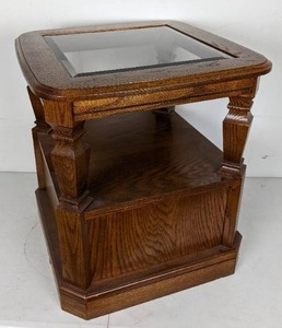 lot 41 image: Glass Topped Wooden End Table With Bottom Storage Cabinet
