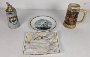 lot 131 image: Lidded Muchen Western Germany King Stein, 1997 Miller Beer The Ducks Unlimited Welcome to Paradise, 1977 Yacht America Porcelain Plate