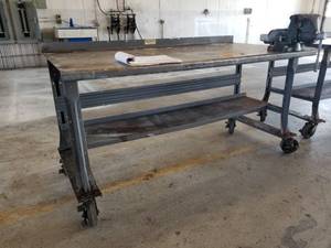 lot 57 image: 6x3x3 Metal Wheeled Shop Work Bench, Bench Vise