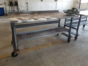 lot 58 image: 6x3x3 Metal Wheeled Shop Work Bench, Bench Vise
