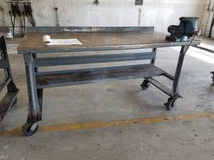lot 59 image: 6x3x3 Metal Wheeled Shop Work Bench, Bench Vise