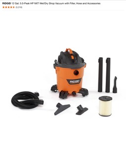 RIDGID 12 Gal. 5.0-Peak HP NXT WetDry Shop Vacuum with Filter, Hose and Accessories. See Pictures