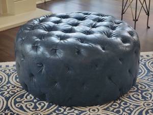 Stunning Blue Leather Tufted Ottoman by Armen Art