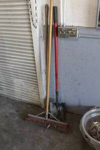 lot 686 image: Lot of (3) Hand Tools - Push Broom, Flat Shovel, ChopperScraper