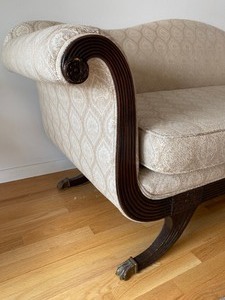 lot 9 image: Gorgeous 1940s Upholstered Duncan Phyfe Style Sofa with Brass Claw Feet