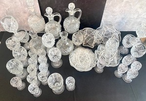 lot 182 image: Large Lot of Vintage Pressed Glass Decanters and Stemware