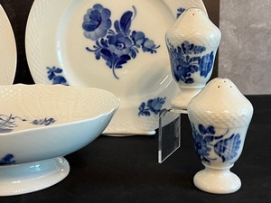 lot 54 image: Royal Copenhagen Blue Flower Footed Bowl, Salt and Pepper Shaker Set and Two Plates