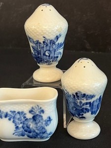 lot 58 image: Royal Copenhagen Blue Flower Toothpick Holder, Salt and Pepper Shakers (3.5 h)  and Bottle Opener