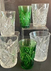 lot 179 image: Vintage Pressed Glass Pitcher and Tumblers