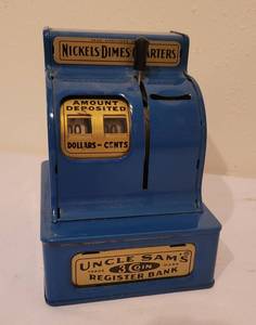 lot 312 image: Vintage Uncle Sam Coin Register Bank & Replica Phone Booth Bank