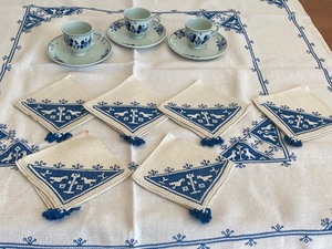lot 225 image: (3) Demitasse Delft Teacups and Saucers with Vintage Table Linens