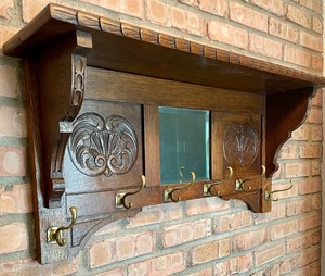 lot 404 image: Vintage Wooden Shelf with a Mirror and Hooks