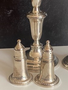 lot 294 image: Sterling Candelabra, Pair of Sterling Candle Holders and Sterling Salt and Pepper Shaker Set