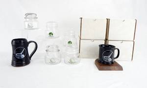 Lot of 4 Golf Ceramic Mugs with Wood Coasters and 1 Golf Pottery Tankard and 5 Clear Glass Golf Covered Jars
