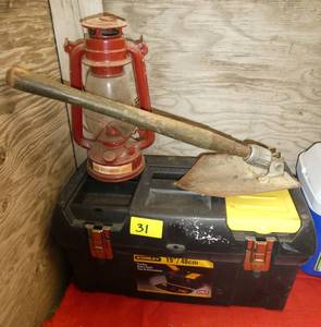 Stanley toolbox, lantern and army shovel
