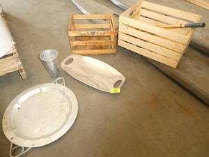 Misc lot of small wood crates and silver plates