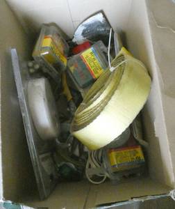 Box of misc hardware and a tow rope