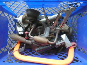 milk crate of misc hand tools