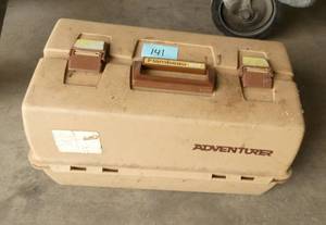 fishing tackle box, minnow buckets and a minnow scoop