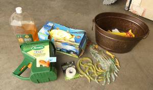 Torch fuel, hand held grass seed or fertilizer spreader, tin basket, car cleaning cloths, rooster and more