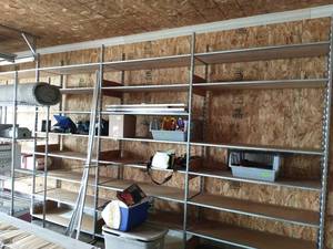 5 Sections of garage shelving, 17 deep x 8 ft