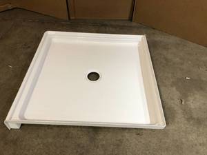 lot 18 image: Delta Foundations 32 in. L x 32 in. W Corner Shower Pan Base with Center Drain in White- New - Review all pictures