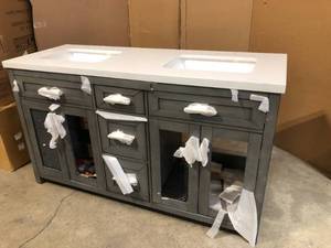 lot 39 image: Home Decorators Collection Erinton 60 in. W x 21 in. D Vanity in Antique Grey with Engineered Stone Vanity Top in White with White Basin - Cabinet Needs Repair Top is good - Review all pictures