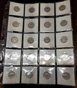 PAGE OF (20) US NICKELS AS PICTURED BUFFALO, SILVER WWII & JEFFERSONS