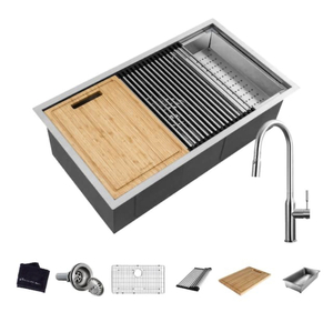 lot 6 image: GLACIER BAY All-in-One Zero Radius Undermount 18G Stainless Steel 32 in. Single Bowl Workstation Kitchen Sink with Pull-Down Faucet