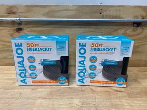 lot 123 image: AQUA JOE Lot of 2- 12 in. Dia x 50 ft. Flexible Kink-Free Fiberjacket Garden Hoses, Metal Fittings