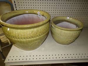 Green Set of 2 Porcelain Flower Pots