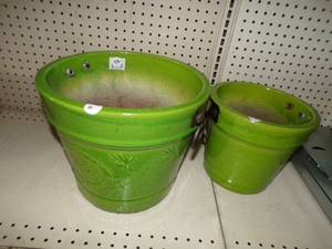 Dark Green Set of 2 Porcelain Flower Pots with Handles