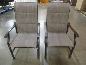 lot 124 image: Hampton Bay Riverbrook Espresso Brown Steel Outdoor Patio Padded Chairs (2-Pack), F18107-B.