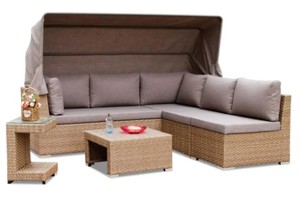 lot 100 image: Direct Wicker Alice Light Brown 5-Piece Wicker Patio Conversation Set with Gray Cushions, S620LB25.