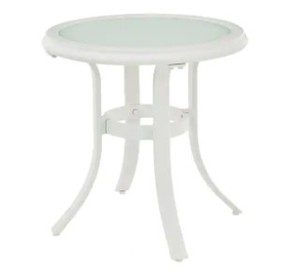 lot 113 image: Hampton Bay Riverbrook Shell White Round Glass Top Aluminum Outdoor Patio Side Table, FM18107-AL-ST.