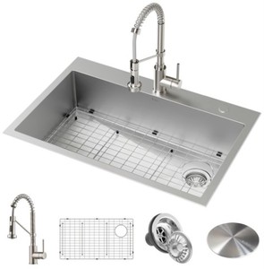 lot 114 image: Kraus Loften All-in-One Dual Mount Drop-In Stainless Steel 33 in. 2-Hole Single Bowl Kitchen Sink with Pull Down Faucet, KCH-1000 - Carton Damage from Shipping.