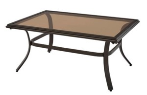 lot 117 image: Hampton Bay Riverbrook Espresso Brown Rectangle Steel Glass Top Outdoor Patio Coffee Table, RVB-017. Some Corner DamageSide Ding.