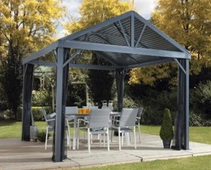 lot 120 image: Sojag 10 ft. D x 10 ft. W Sanibel Aluminum Gazebo with Galvanized Steel Roof Panels, 2-Track System, and Mosquito Netting, 500-9162837.