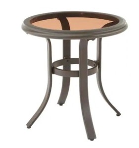 lot 129 image: Hampton Bay Riverbrook Espresso Brown Round Glass Top Aluminum Outdoor Patio Side Table, FM18107-AD-ST.