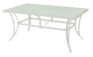 lot 136 image: Hampton Bay Riverbrook Shell White Rectangular Glass Top Aluminum Outdoor Patio Dining Table, FM18107-AL-RECD. Damage on 1 corner.