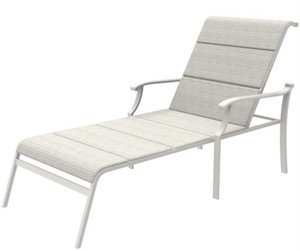 lot 144 image: Hampton Bay Riverbrook Shell White Padded Sling Aluminum Outdoor Patio Chaise Lounge Chair, Some Slight Dirt Stains on Cushion, Slight Scratches.