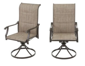 lot 102 image: Hampton Bay (2-Pack)Riverbrook Espresso Brown Swivel Steel Padded Sling Outdoor Patio Dining Chairs, RVB-001.