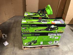 lot 3 image: Pallet of mixed 16 and 21 Chainsaw and Lawn Mower Blower - Customer Returns - Review all pictures