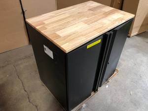 lot 6 image: Husky Extra Wide Heavy Duty Welded 20-Gauge Steel 2-Door Garage Base Cabinet in Black (32 in. W x 33 in. H x 21.5 in. D) - Customer Returns Missing Key  Review all pictures