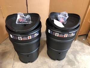 lot 8 image: Set Of Two EarthMinded RainStation 50 Gal. Rain Barrel with Diverter System in Recycled Black- Good Condition - Review all pictures