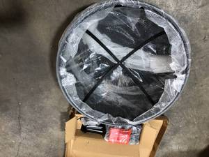 lot 17 image: Sunnydaze Decor Black Cross Weave 36 in. x 24 in. Round Steel Wood Burning Fire Pit with Spark Screen - Good Condition - Review all pictures