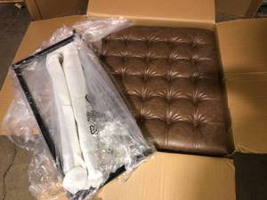 lot 22 image: ELUXURY Walnut Faux Leather Large Square Tufted Ottoman with Black Metal Base - Good Condition - Review all pictures